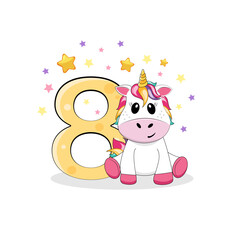 Vector illustration. 8 birthday party invitation with cute unicorn. Happy birthday 8 year old