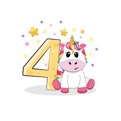 Vector illustration. 4 birthday party invitation with cute unicorn. Happy birthday 4 year old