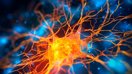 Close up of human brain showing neurons firing and neural extensions. Generative AI