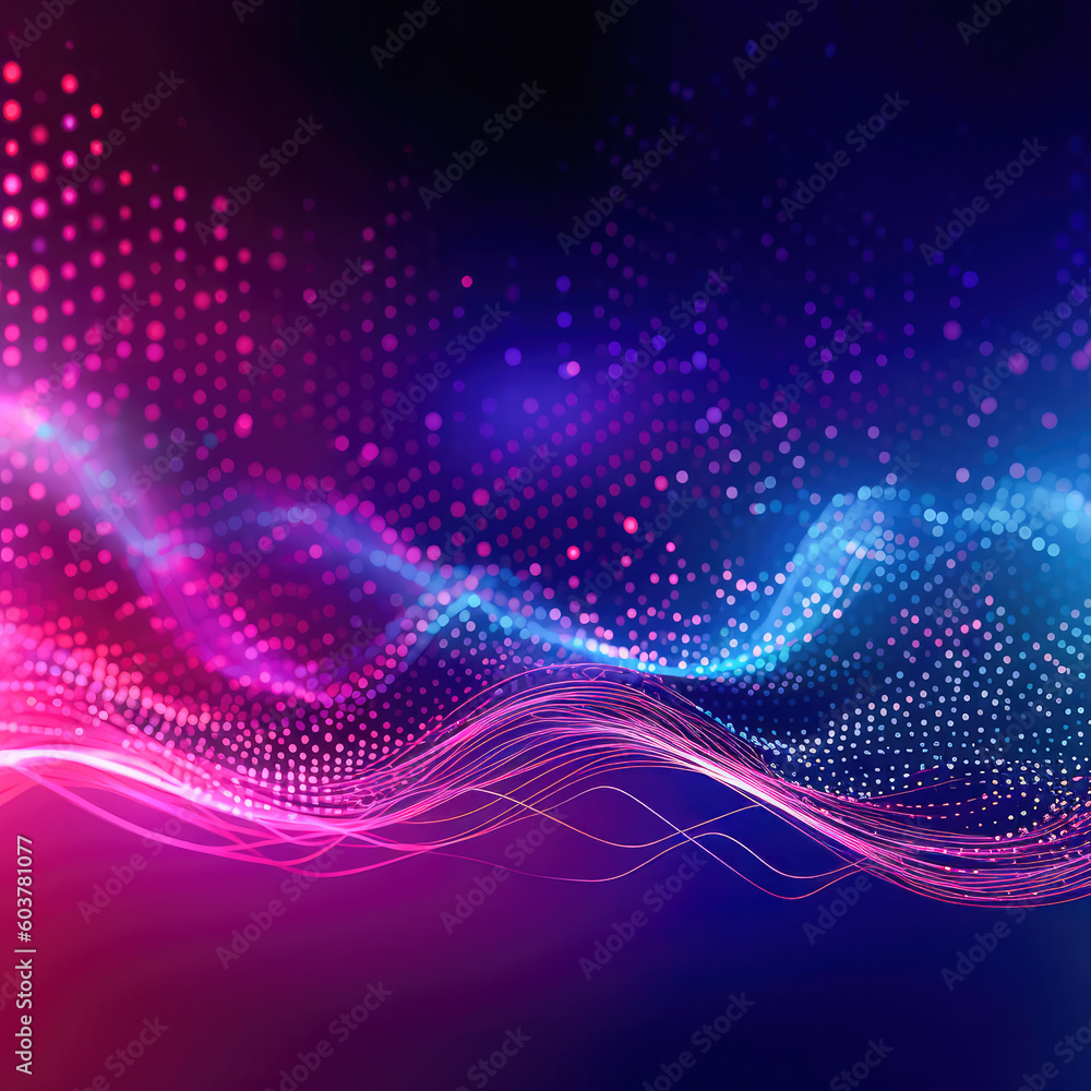 Poster abstract shiny wave background in purple, pink and blue lights. digital luxury sparkling wave partic