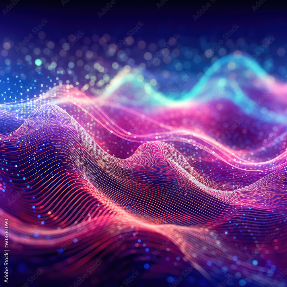 Poster abstract shiny wave background in purple, pink and blue lights. digital luxury sparkling wave partic