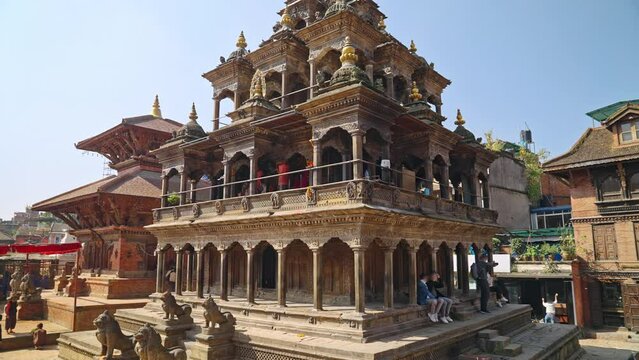 Krishna Hindu Temple Parallax in Patan Dubar Square on a sunny day, built in 1637, Lalipur, Nepal