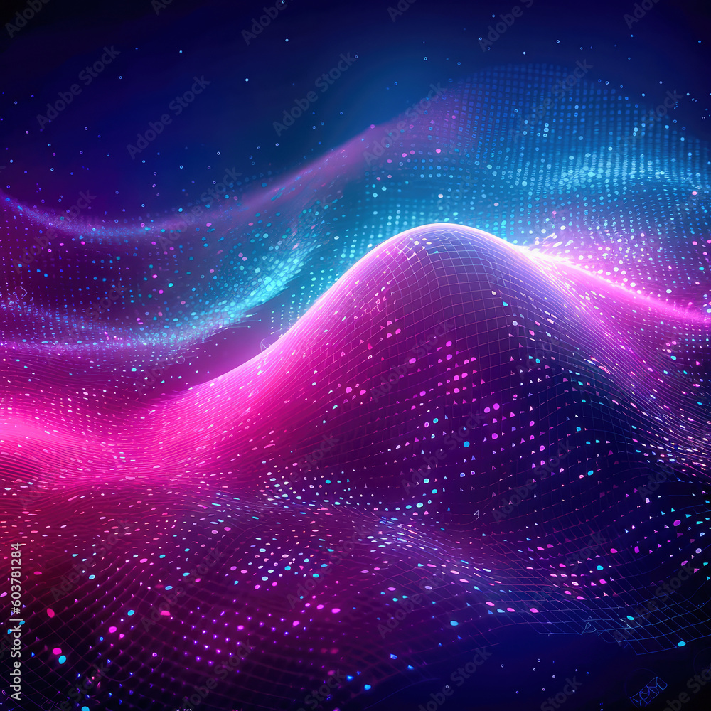 Aufkleber abstract shiny wave background in purple, pink and blue lights. digital luxury sparkling wave partic