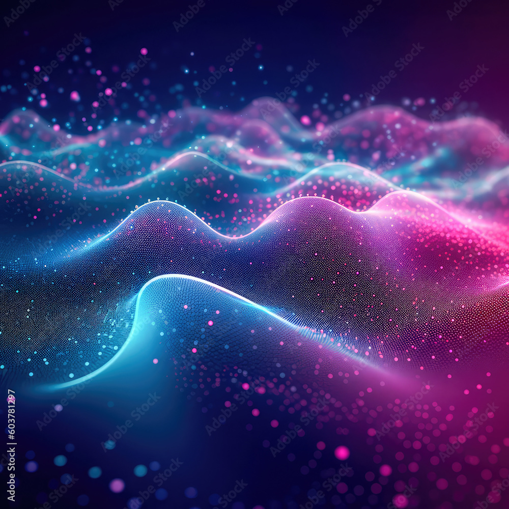 Poster abstract shiny wave background in purple, pink and blue lights. digital luxury sparkling wave partic