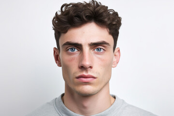 Fototapeta premium Portrait of young european man looking at camera isolated on white background. AI