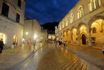 Scenic night view at famous historic street in Dubrovnik, Croatia , Europe.