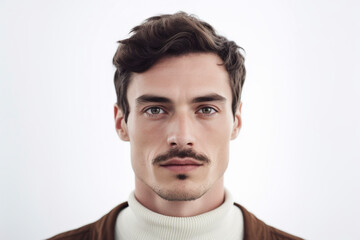 Fototapeta premium Portrait of young european man looking at camera isolated on white background. AI