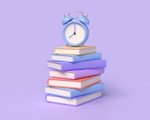 3d stack of books, alarm clock in cartoon style. concept of back to school or getting education, online learning. illustration on purple background. 3d rendering