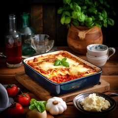 Traditional italian lasagna on a wooden board, tomatoes, basil,  generative ai