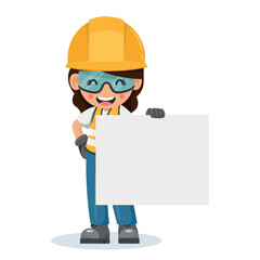 Industrial woman worker with his personal protective equipment holding a banner with space for text for advertising, presentations, brochures. Industrial safety and occupational health at work