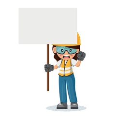 Upset industrial woman worker in his personal protective equipment holding protest sign with space for text. Industrial safety and occupational health at work