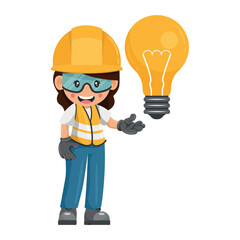 Industrial women construction worker with a giant light bulb. Engineer with creative idea symbol. Industrial safety and occupational health at work