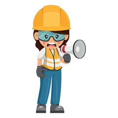 Annoyed industrial woman construction worker making an announcement with a megaphone. Supervisor engineer with personal protective equipment. Industrial safety and occupational health at work