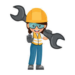 Industrial woman worker with mechanic wrench with stop sign by hand. Concept of repair, preventive maintenance and technical support. Industrial safety and occupational health at work