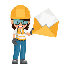Industrial woman worker with open letter envelope for email. Concept of communication, notification and contact. Industrial safety and occupational health at work