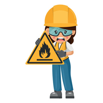 Industrial woman worker with flammable material hazard sign warning. Caution pictogram and icon. Worker with personal protective equipment. Industrial safety and occupational health at work