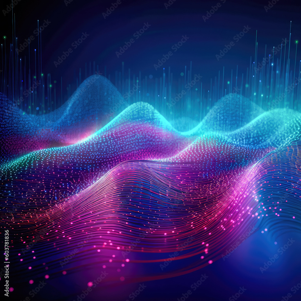 Poster abstract shiny wave background in purple, pink and blue lights. digital luxury sparkling wave partic