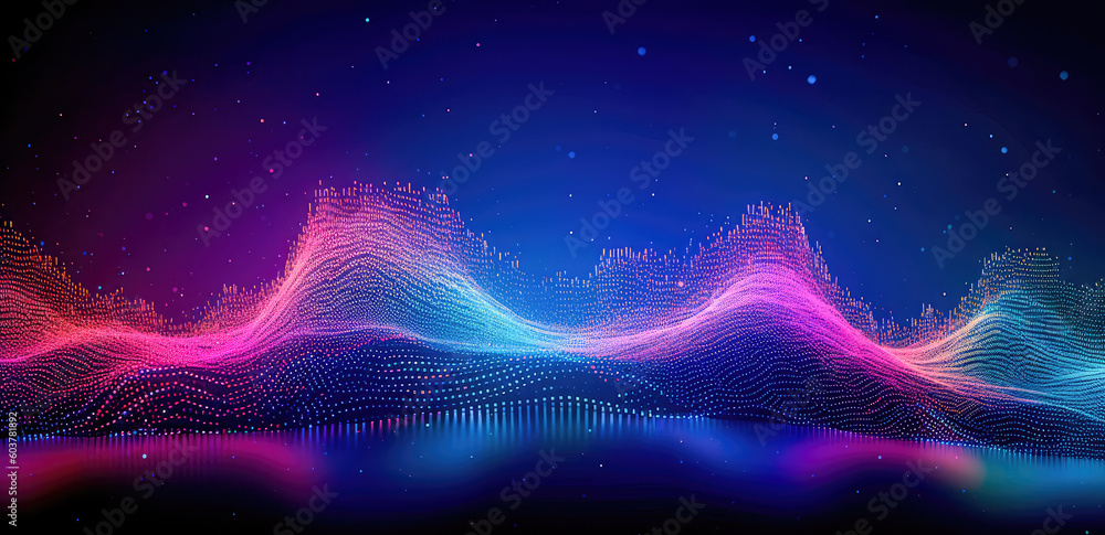 Poster abstract shiny wave background in purple, pink and blue lights. digital luxury sparkling wave partic