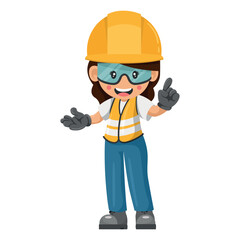Industrial woman worker with his personal protective equipment pointing his finger. Expressing an idea and indicating with the index finger. Industrial safety and occupational health at work