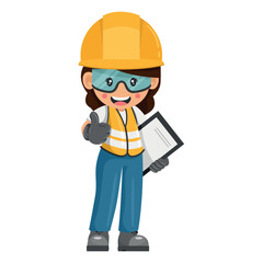 Industrial woman worker with notepad for project evaluation with thumb up. Construction supervisor engineer with personal protective equipment. Industrial safety and occupational health at work