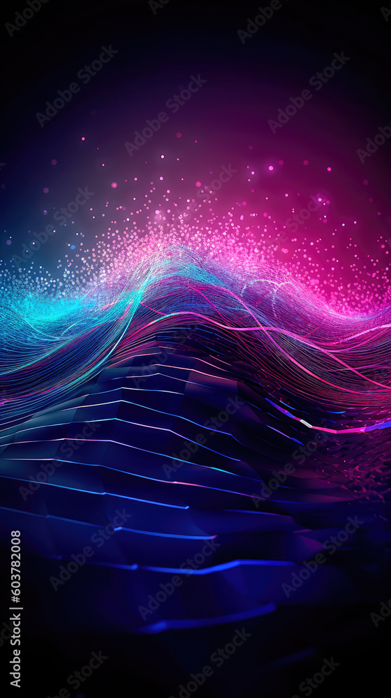 Poster abstract shiny wave background in purple, pink and blue lights. digital luxury sparkling wave partic