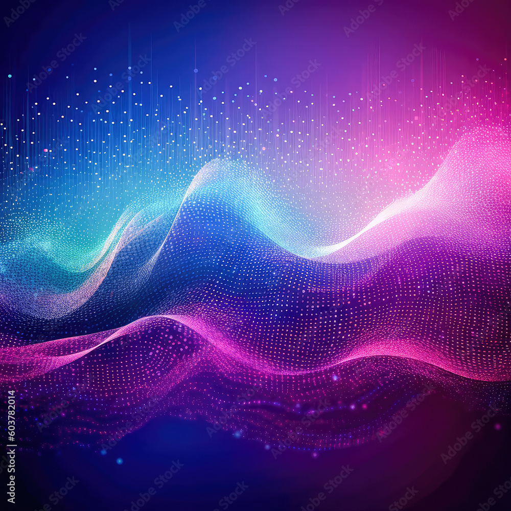 Poster abstract shiny wave background in purple, pink and blue lights. digital luxury sparkling wave partic