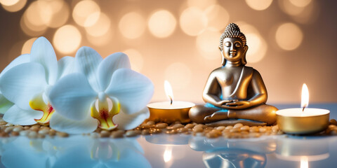 Spa still life background with Buddha statue. Candles and orchid flower on the water background. AI Generative