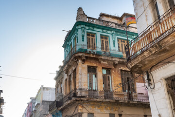 Very old buildings in the streets and historic districts of Havana in Cuba