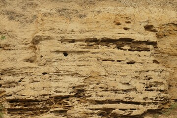 Background, texture of a sheer rock from layered sandstone