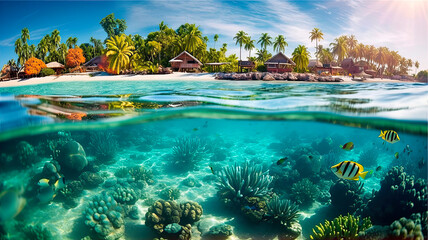 Fototapeta na wymiar Tropical beach and underwater world. Generative AI.