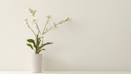 Fototapeta na wymiar A white vase with white orchids on a white table