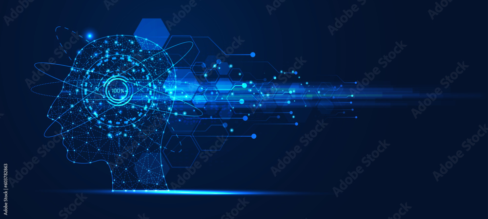 Poster concept ai machine learning artificial intelligence robot learning network system advance ai on blue