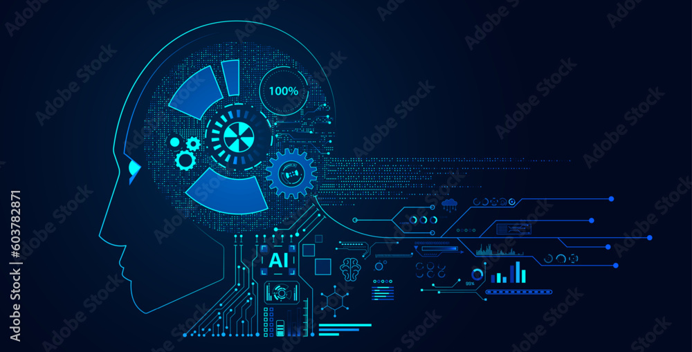Poster machine learning concept ai digital input form hud interface robot face and particle on blue backgro