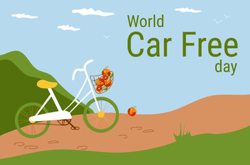 Banner for World Car Free Day. Bicycle with oranges in nature. Vector illustration for background, decoration, postcards, print