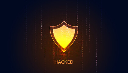 concept shield and hacked binary cyber security online theft protection