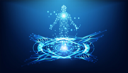 AI concept, artificial intelligence on the circle of light, innovation, evolution of AI and humans, learning technology of robots. on a blue background, futuristic, beautiful
