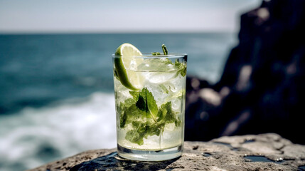 Glass of refreshing tropical mojito drink cocktail with mint and lime on background of the sea, AI generated