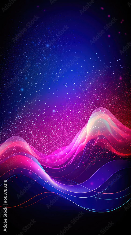 Poster abstract shiny wave background in purple, pink and blue lights. digital luxury sparkling wave partic