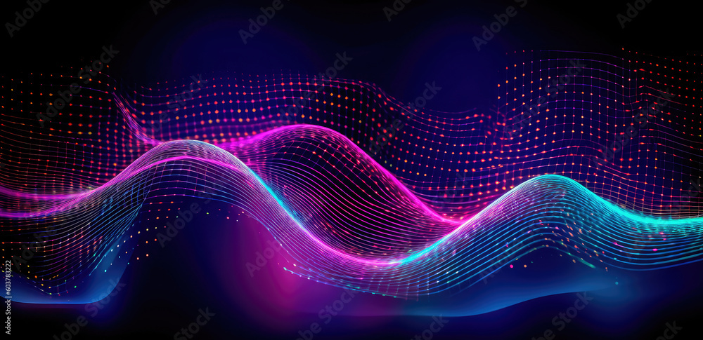 Poster abstract shiny wave background in purple, pink and blue lights. digital luxury sparkling wave partic