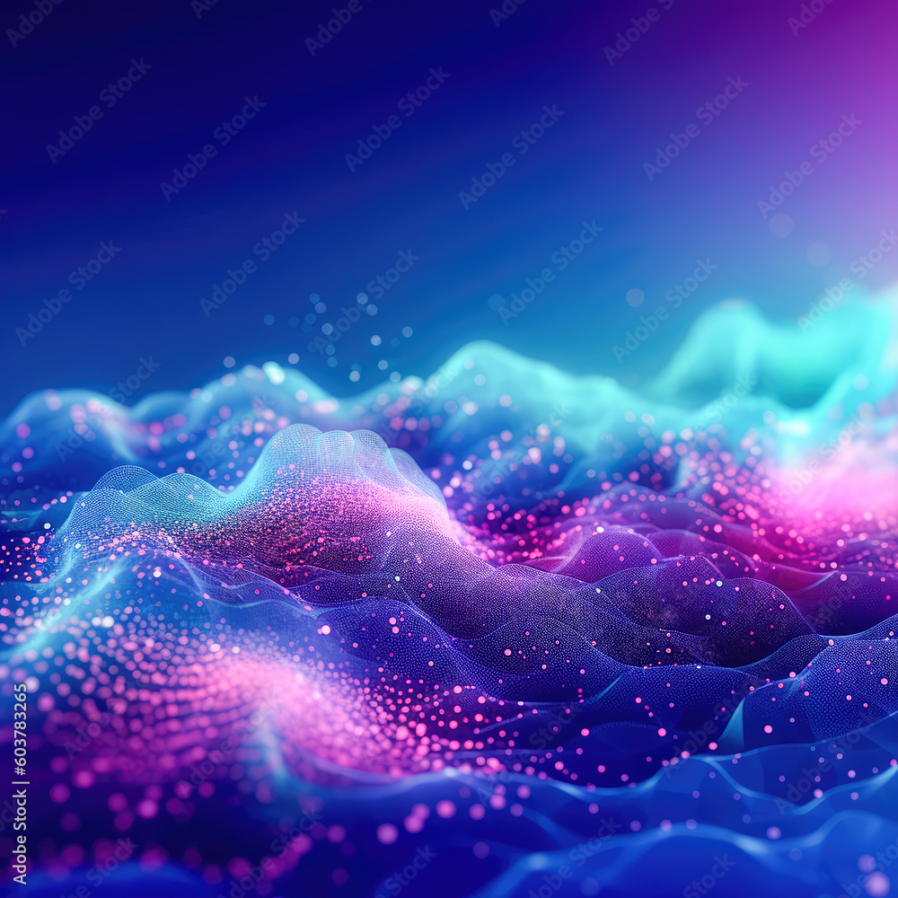 Poster abstract shiny wave background in purple, pink and blue lights. digital luxury sparkling wave partic