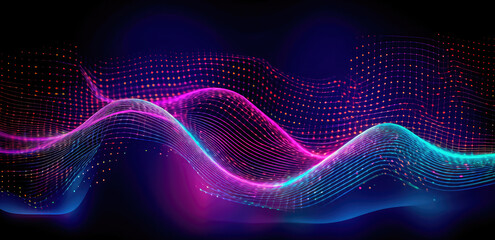 Abstract shiny wave background in purple, pink and blue lights. Digital luxury sparkling wave particles, background streams, digital data flow movement. Technological background. Generative AI