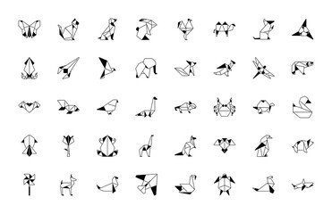 Origami Folded Paper Animals Shapes. Bird, Crane, Cat, Dog, Rhino, Fox, Mouse, Elephant. Flat Color Line Outline Stroke Icon Illustration Set Collection
