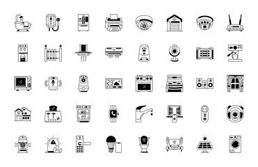 Collection of smart house linear icons - control of lighting, heating, air conditioning. Set of home automation and remote monitoring symbols drawn with thin contour lines. Vector illustration.
