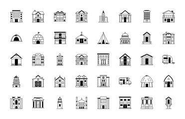 Property and accommodation icon set. Included the icons as home, house, palace, resort, apartment, tower and more. Type of Houses
