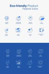 Eco-friendly Product Feature Icon Pack. Vector Line Icons with Editable Stroke. Organic Product icon pack. Sustainable packaging icon pack. Earth-friendly icon pack. Eco-conscious icon pack.