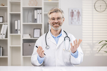 Portrait of a senior male doctor and teacher who conducts online training for medical university...