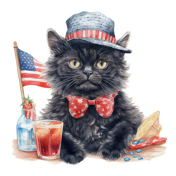 Watercolor 4th of July Patriotic Black Cat Illustration Generative Clipart 