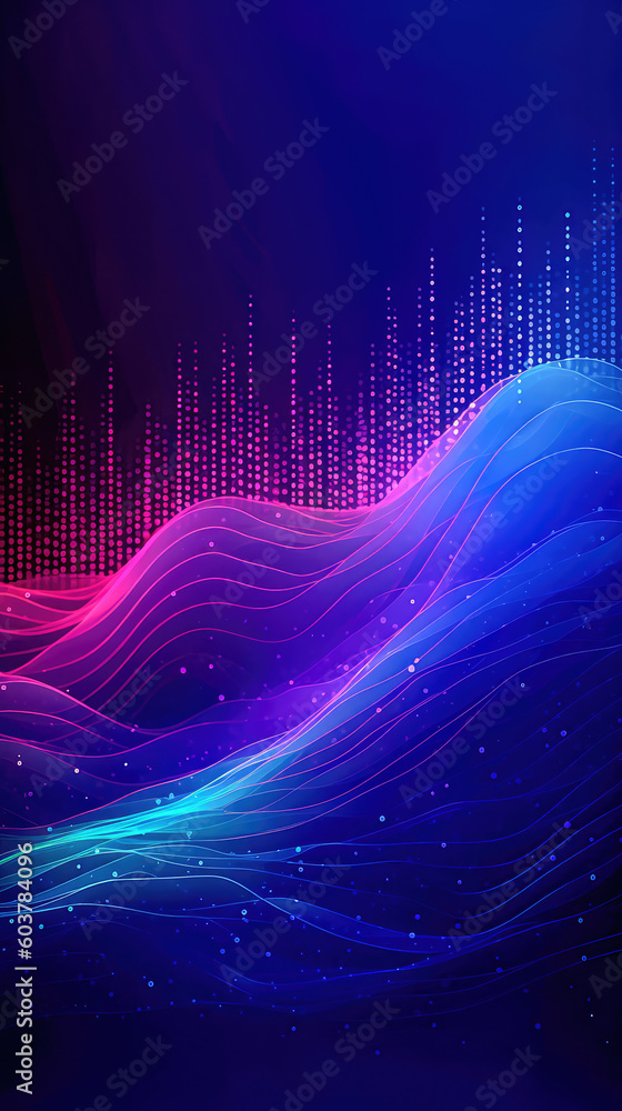 Poster abstract shiny wave background in purple, pink and blue lights. digital luxury sparkling wave partic