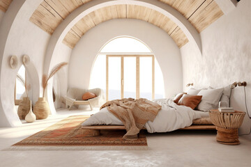Obraz na płótnie Canvas Eclectic interior design of modern bedroom with arched wooden ceiling. Created with generative AI