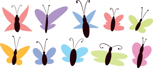 Set of flat cute butterflies. Cute and simple butterflies. 